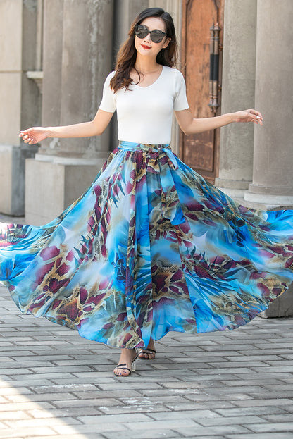 Elastic Waist Chiffon Plus Size Blue Floral Swing Maxi Skirt 3430#CK2201483