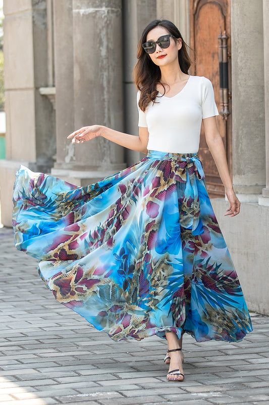 Blue Floral Chiffon Swing Full Circle Maxi Skirt 3430