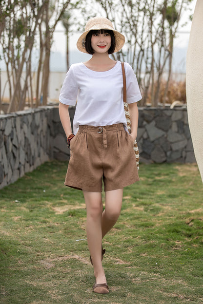 Linen Cotton Women Shorts - Wide Leg Elastic Waist | Xiaolizi 2814