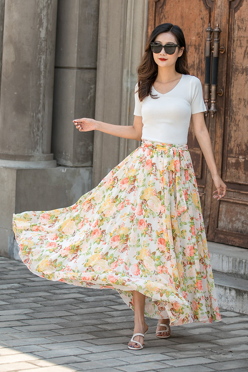 Summer Floral Long Chiffon Elastic Waist Skirt 3435