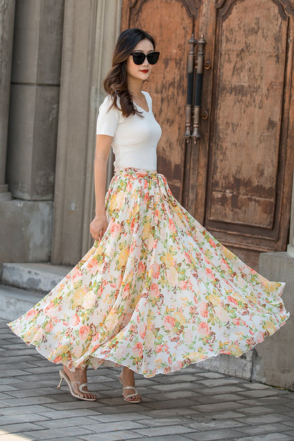 Summer Floral Long Chiffon Elastic Waist Skirt 3435