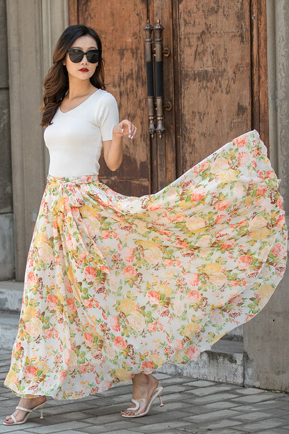 Summer Floral Long Chiffon Elastic Waist Skirt 3435