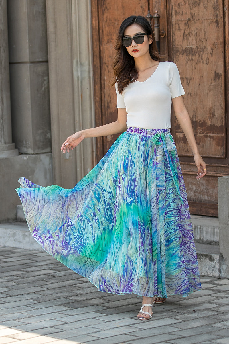 Pleated chiffon maxi skirt blue Clearance