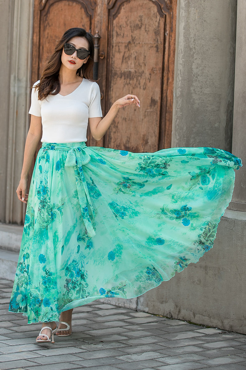 Floral Chiffon Swing Elastic Waist Long Skirt 3437