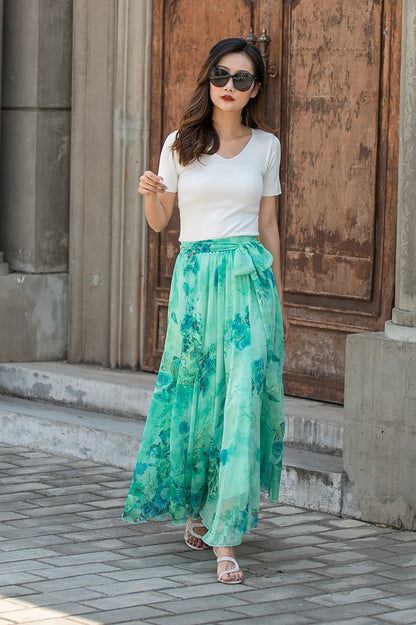 Floral Chiffon Maxi Skirt - Swingy Elastic Waist with Belt 3437