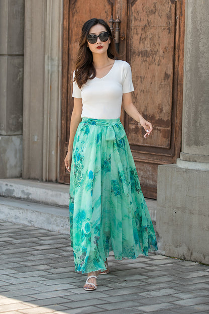 Floral Chiffon Maxi Skirt - Swingy Elastic Waist with Belt 3437