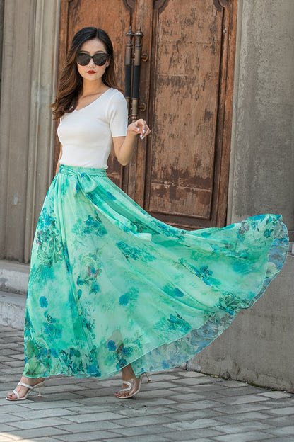 Floral Chiffon Maxi Skirt - Swingy Elastic Waist with Belt 3437