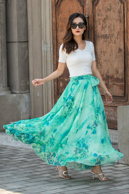 Floral Chiffon Maxi Skirt - Swingy Elastic Waist with Belt 3437