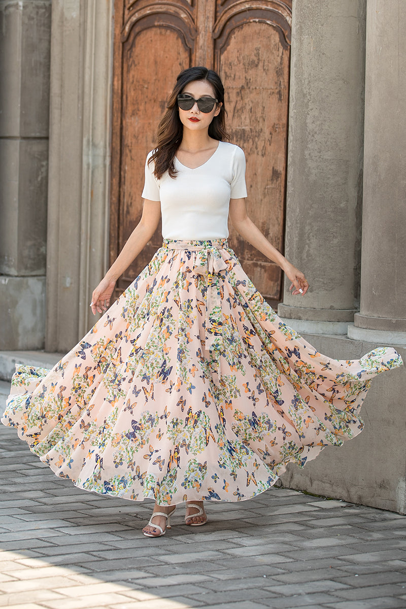 A Line Chiffon Maxi Floral Swing Skirt 3438