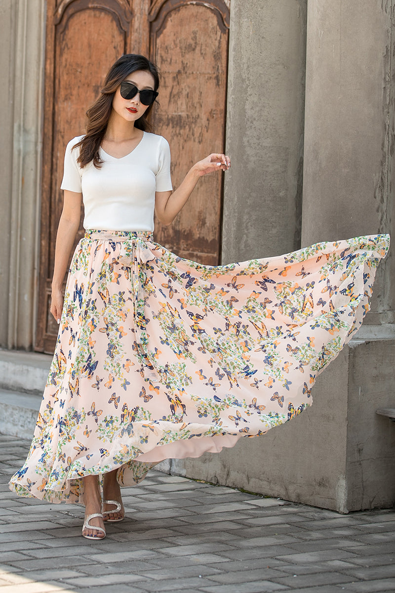 A Line Chiffon Maxi Floral Swing Skirt 3438