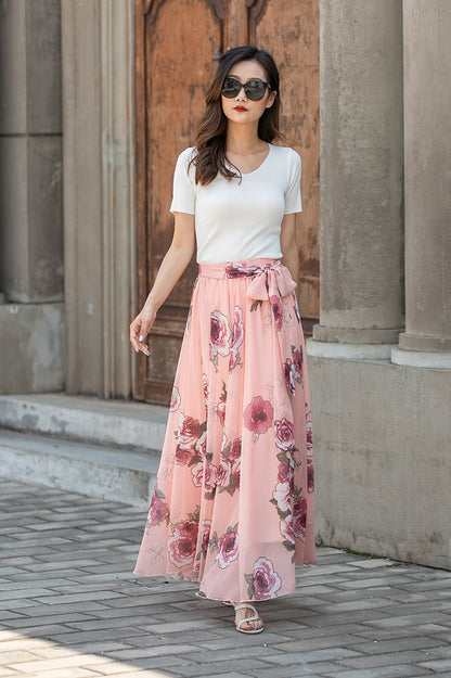 Summer Pleated Chiffon Maxi Swing Dance Skirt 3439