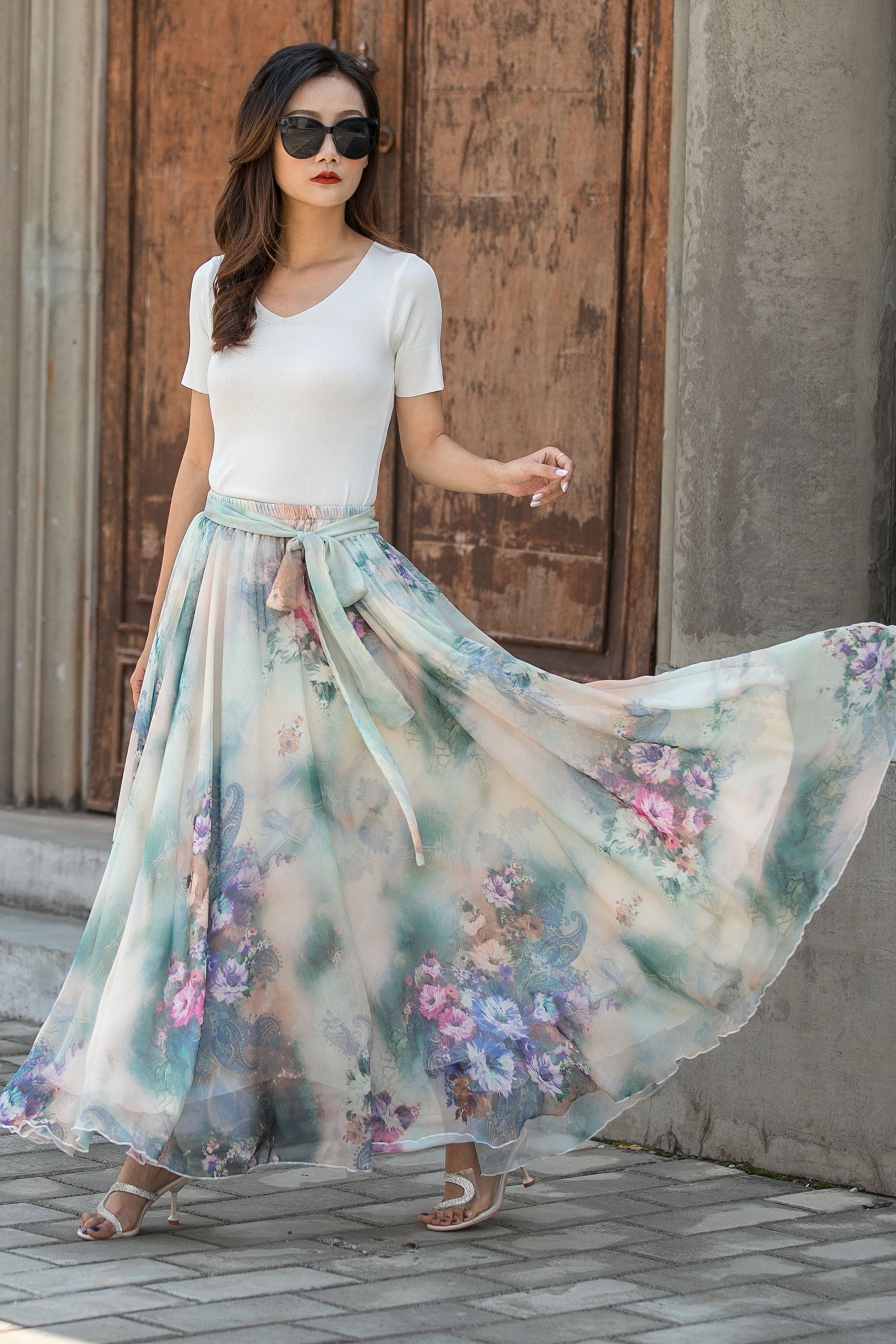 New Summer Floral Chiffon Maxi Skirt 3440 – XiaoLizi