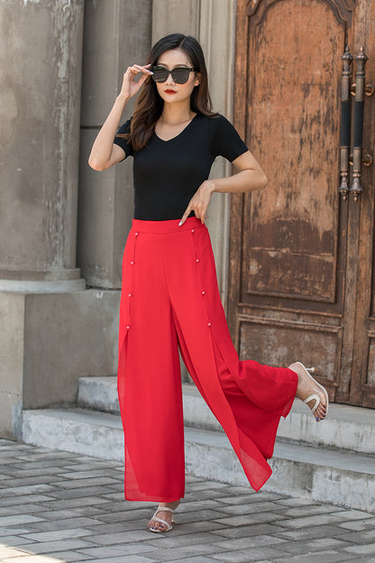 Red Chiffon Wide Leg Pants - High Waisted with Split Detail 3445