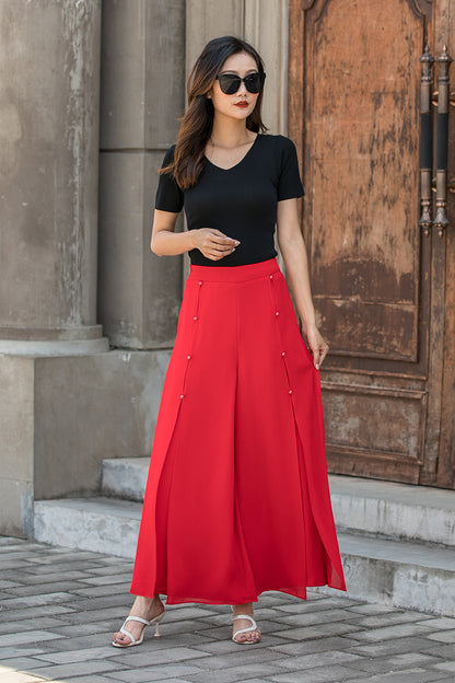 Red Chiffon Wide Leg Pants - High Waisted with Split Detail 3445
