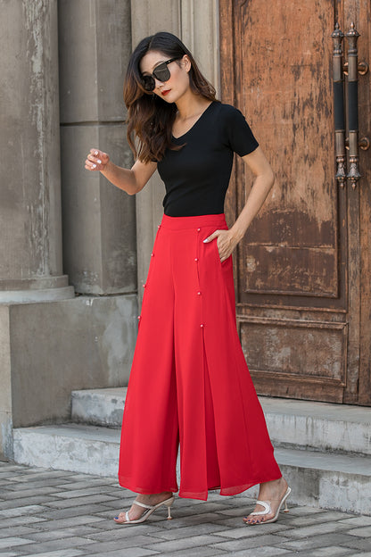 Red Chiffon Wide Leg Pants - High Waisted with Split Detail 3445