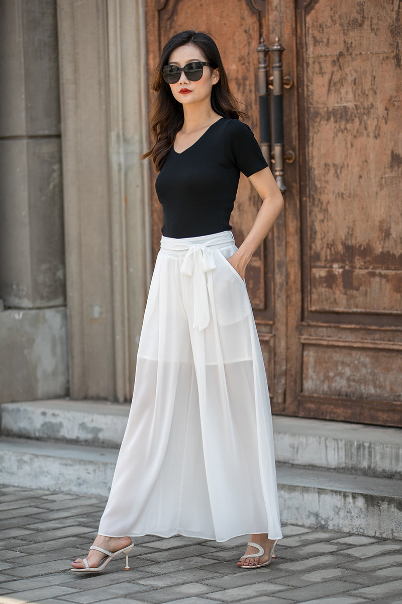White Chiffon Wide Leg Pants with Flowing Split Detail