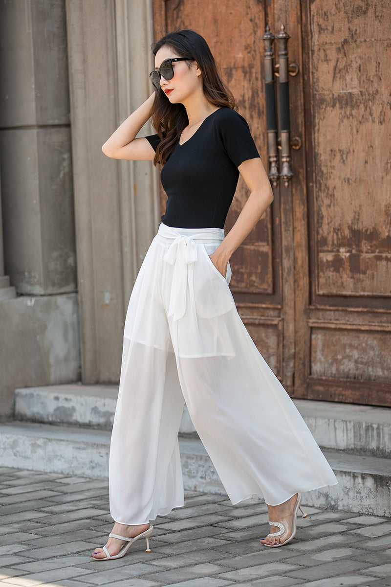 white chiffon dress pants Women'S Chiffon Dress Beach Wide Leg Palazzo Pants Trouser White L