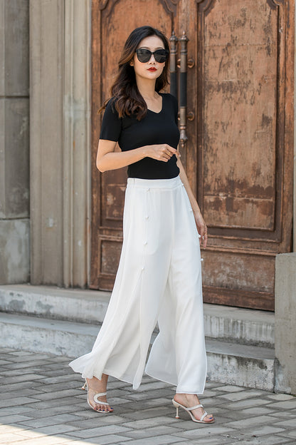 White Women Summer Chiffon Wide Leg Pants 3447