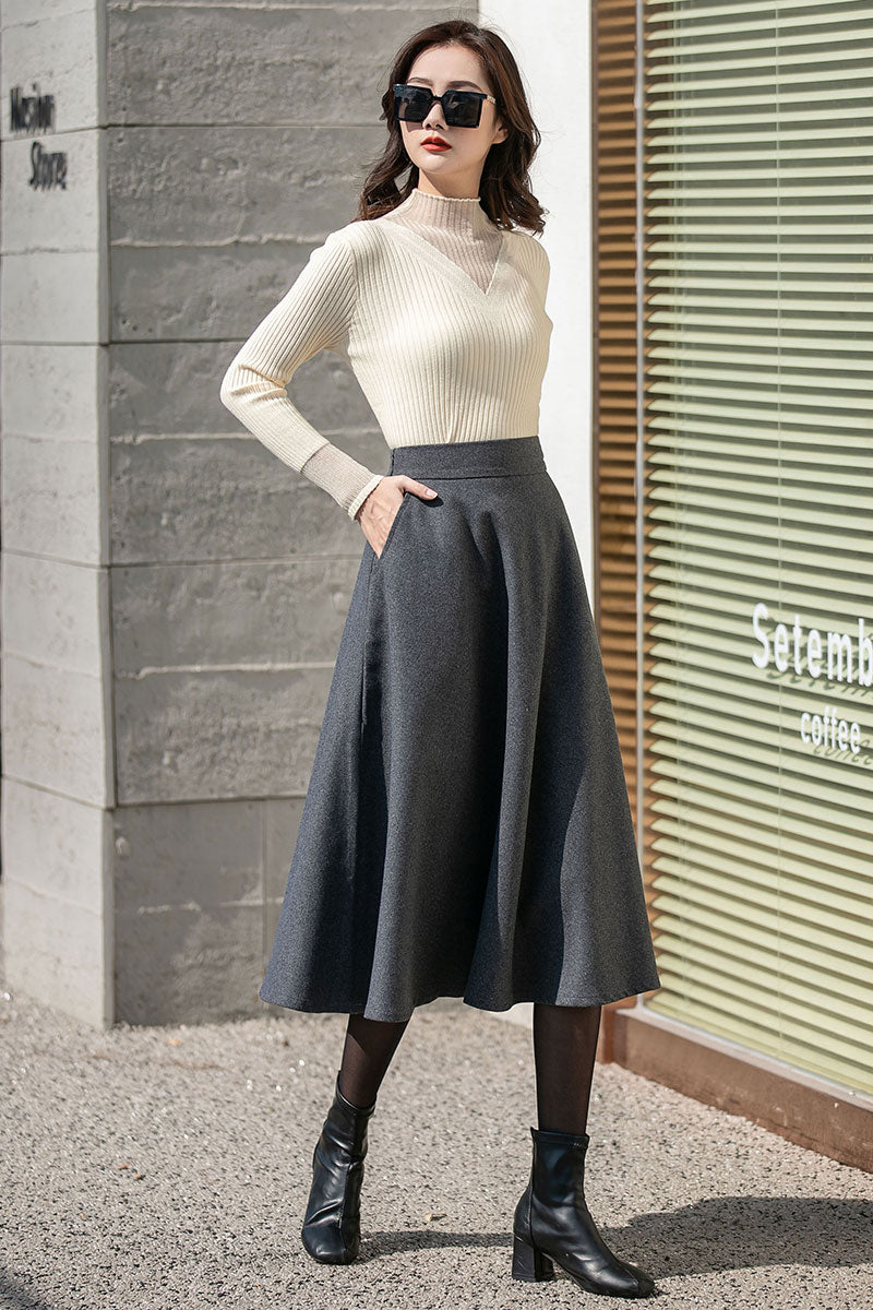 Winter Gray Midi Wool Skirt 4130,Size S #CK2203025