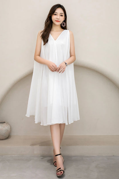 White Chiffon Midi Dress - Sleeveless V-Neck, Loose Waist 2909