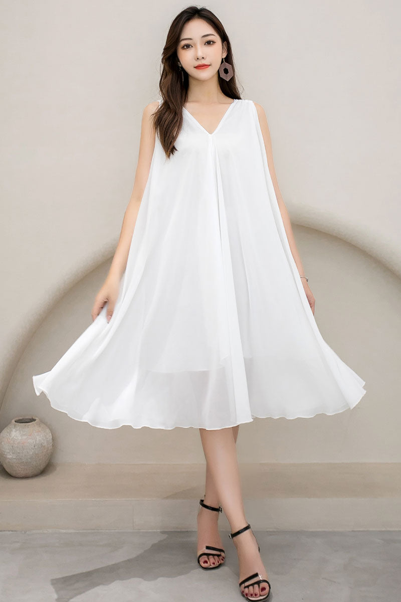 Sleeveless White beach Chiffon Dress 2909