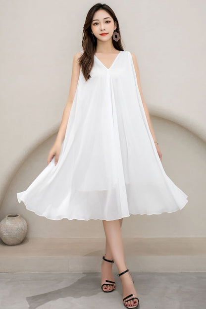 White Chiffon Midi Dress - Sleeveless V-Neck, Loose Waist 2909