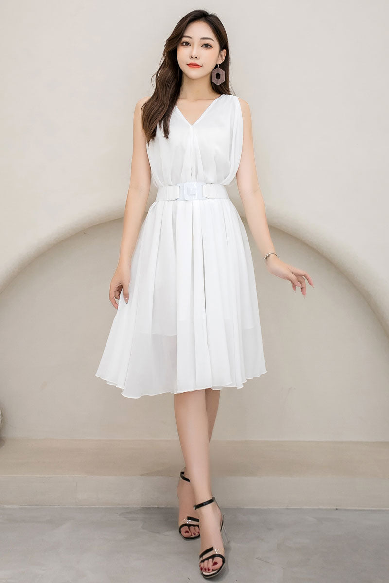 White Chiffon Midi Dress - Sleeveless V-Neck, Loose Waist 2909