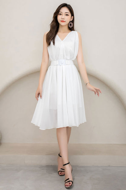 White Chiffon Midi Dress - Sleeveless V-Neck, Loose Waist 2909