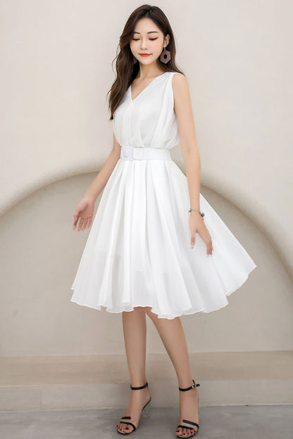 White Chiffon Midi Dress - Sleeveless V-Neck, Loose Waist 2909