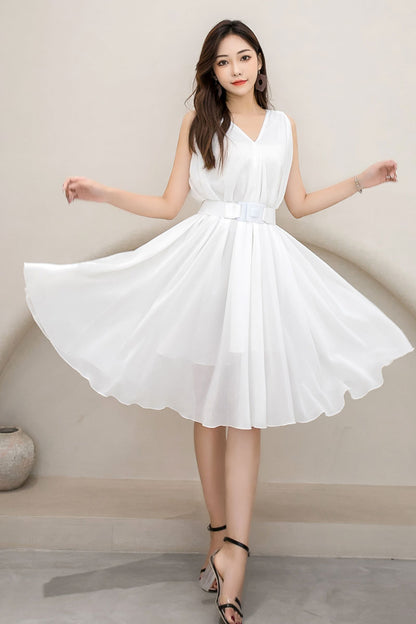 White Chiffon Midi Dress - Sleeveless V-Neck, Loose Waist 2909