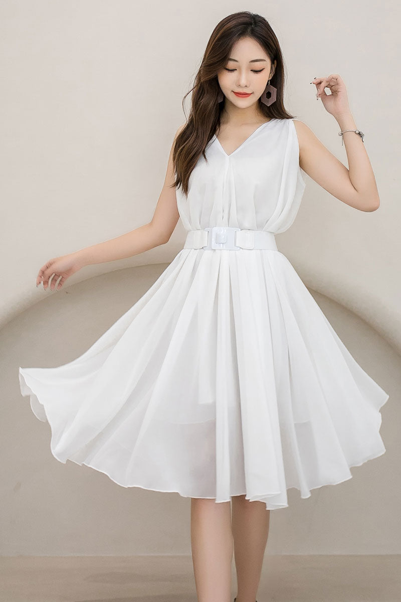 White Chiffon Midi Dress - Sleeveless V-Neck, Loose Waist 2909