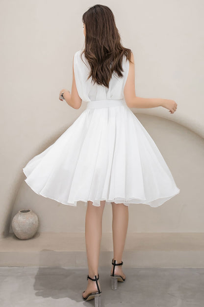 White Chiffon Midi Dress - Sleeveless V-Neck, Loose Waist 2909