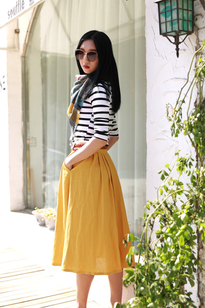 Mustard Yellow Linen Pleated Midi Skirt - High Waist Pockets | Xiaolizi 2170