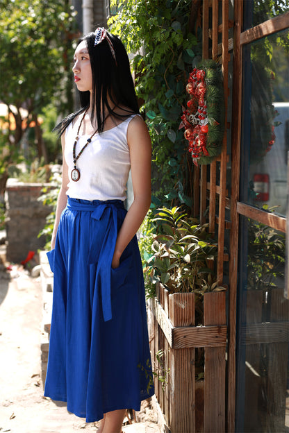Yellow Linen Cotton Maxi Skirt - Elastic Waist Draped Pockets | Xiaolizi 2167