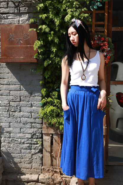 Yellow Linen Cotton Maxi Skirt - Elastic Waist Draped Pockets | Xiaolizi 2167