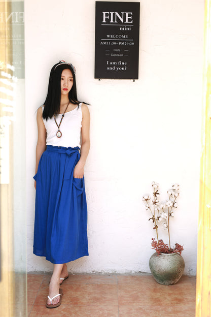 Yellow Linen Cotton Maxi Skirt - Elastic Waist Draped Pockets | Xiaolizi 2167