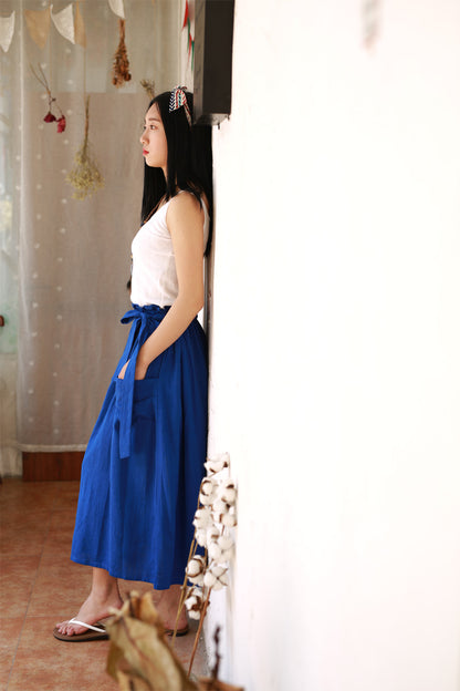 Yellow Linen Cotton Maxi Skirt - Elastic Waist Draped Pockets | Xiaolizi 2167