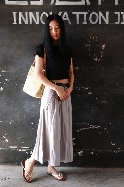 Gray Linen Blend A-Line Maxi Skirt - Pleated Waist with Pockets 2173