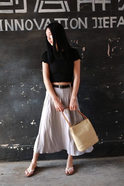 Gray Linen Blend A-Line Maxi Skirt - Pleated Waist with Pockets 2173