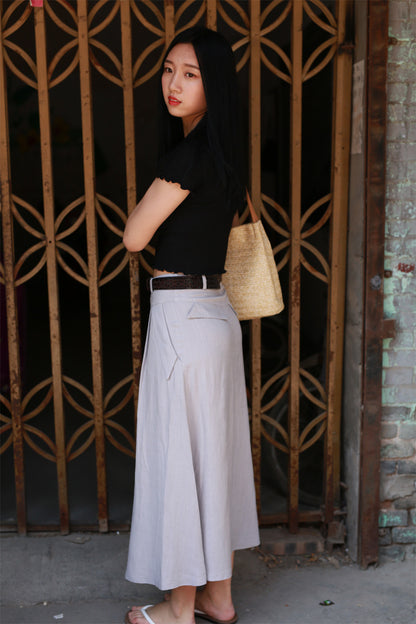 Gray Linen Blend A-Line Maxi Skirt - Pleated Waist with Pockets 2173