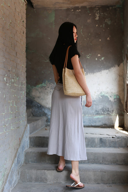 Gray Linen Blend A-Line Maxi Skirt - Pleated Waist with Pockets 2173