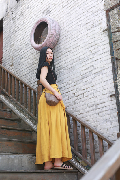 Yellow Linen Cotton Maxi Skirt - Elastic Waist Draped Pockets | Xiaolizi 2167