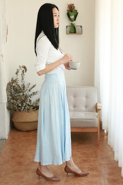 Light Blue Linen Cotton Wrap Maxi Skirt - Pleated Waist Detail 2175
