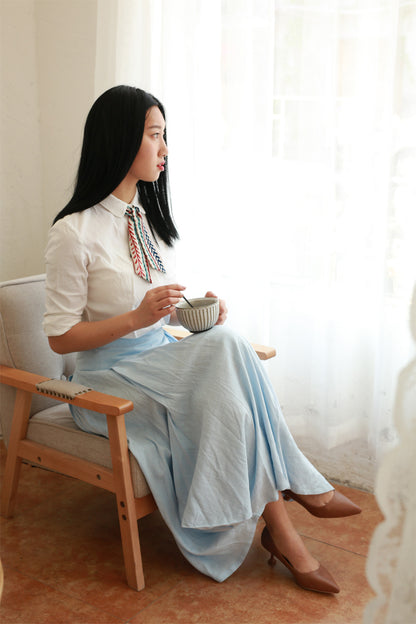 Light Blue Linen Cotton Wrap Maxi Skirt - Pleated Waist Detail 2175
