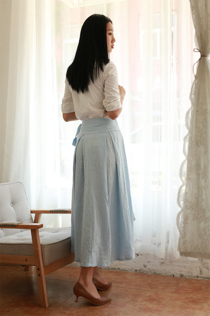 Light Blue Linen Cotton Wrap Maxi Skirt - Pleated Waist Detail 2175