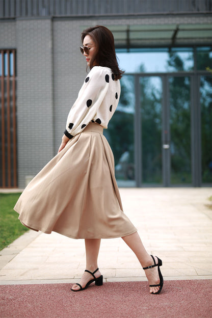 Khaki Polyester Midi Skirt - Pleated A-Line Swing Silhouette 2196