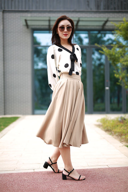 Khaki Polyester Midi Skirt - Pleated A-Line Swing Silhouette 2196