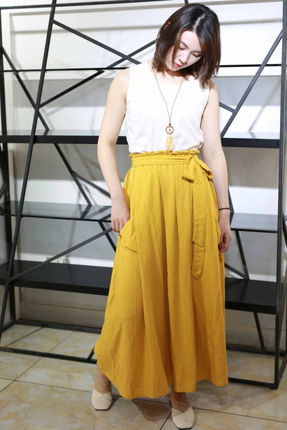 Yellow Linen Cotton Maxi Skirt - Elastic Waist Draped Pockets | Xiaolizi 2167