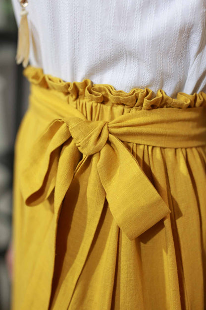 Yellow Linen Cotton Maxi Skirt - Elastic Waist Draped Pockets | Xiaolizi 2167