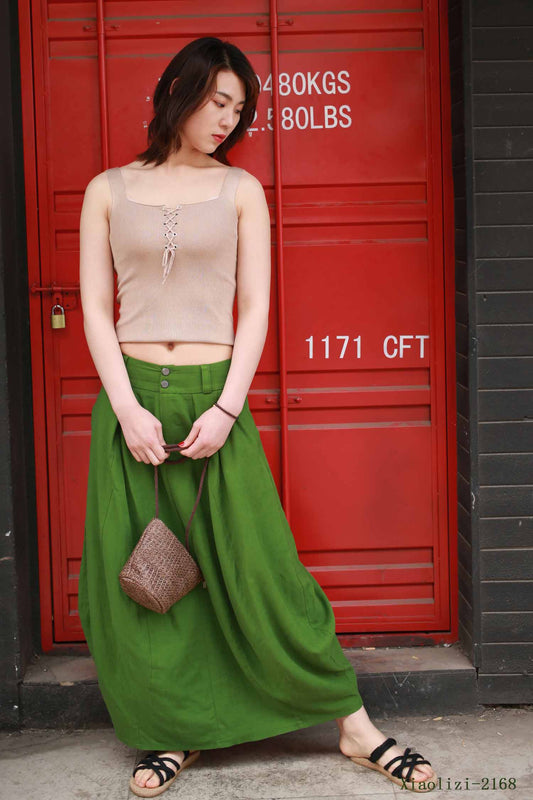 women's linen bubble skirt in green 0984#
